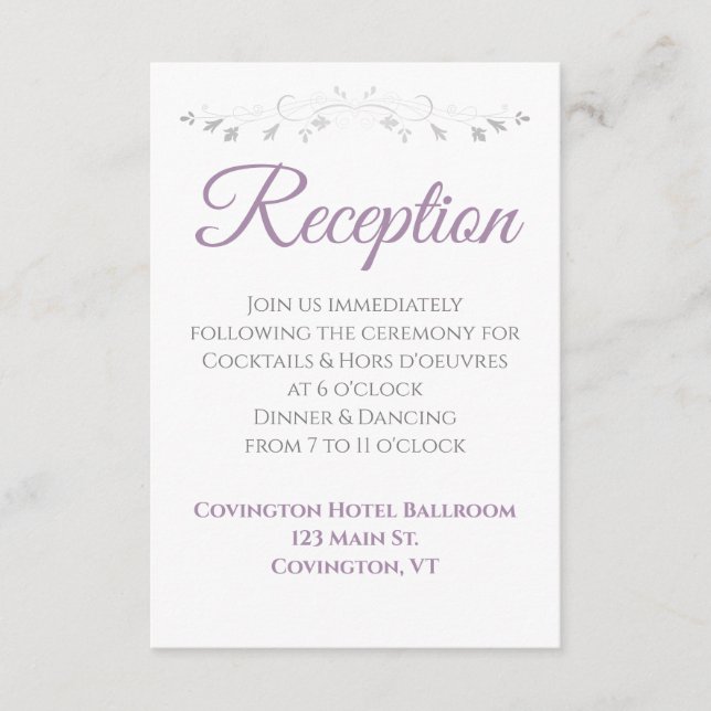 Lavender Purple and Grey Wedding Reception Enclosure Card (Front)
