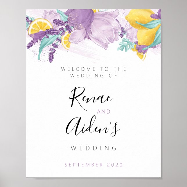 Lavender, purple and lemon wedding welcome sign (Front)
