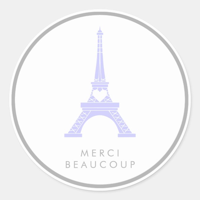 Lavender Purple and Silver Eiffel Tower Thank You Classic Round Sticker (Front)