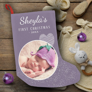 Lavender Purple Baby`s First Christmas Heart Photo Small Christmas Stocking