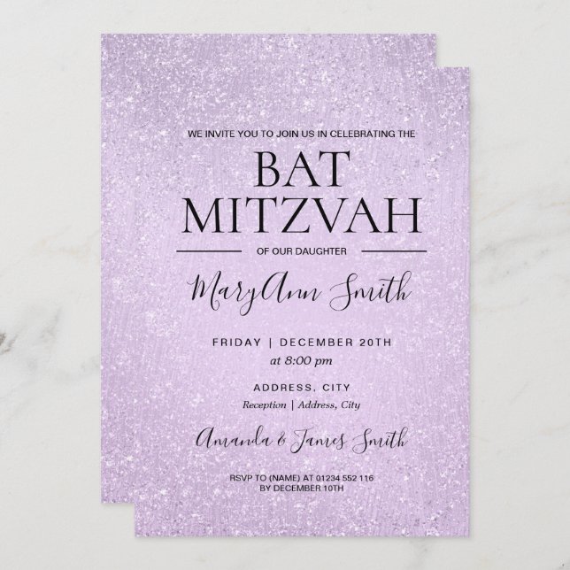 Lavender Purple Bat Mitzvah Faux Glitter Paint Invitation (Front/Back)