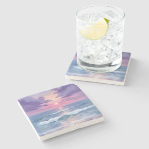 Lavender Purple Beach Sunset Watercolor Stone Coaster
