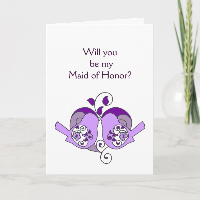Lavender Purple  Bird Floral Heart Maid of Honour Invitation (Front)
