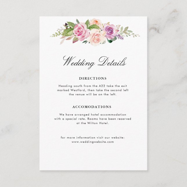 Lavender purple & blush floral wedding details enclosure card (Front)