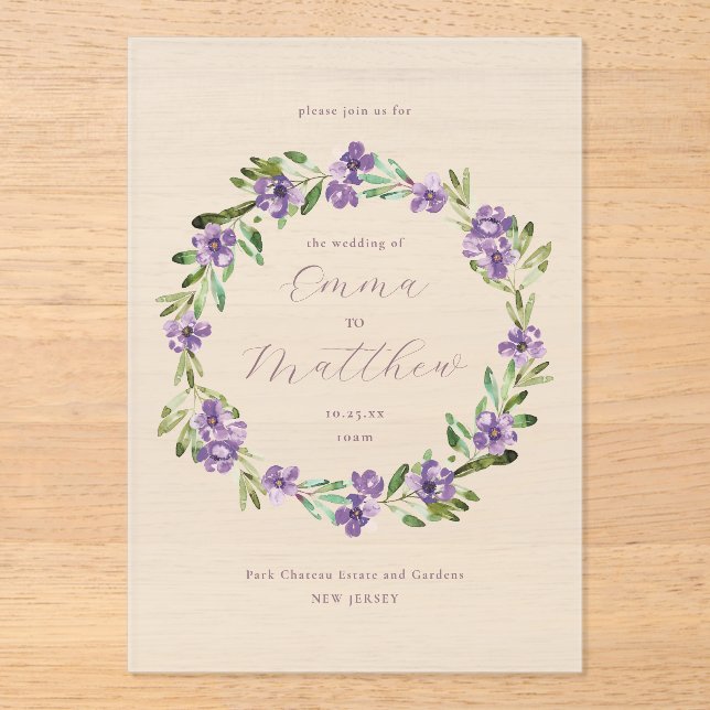 Lavender Purple Botanical Wreath Wedding Acrylic Invitations (Front)