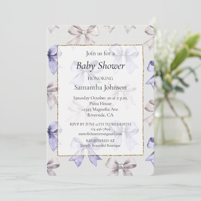 Lavender Purple Bows Baby Shower Invitation (Standing Front)