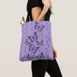 lavender purple butterflies on simulated glitter tote bag