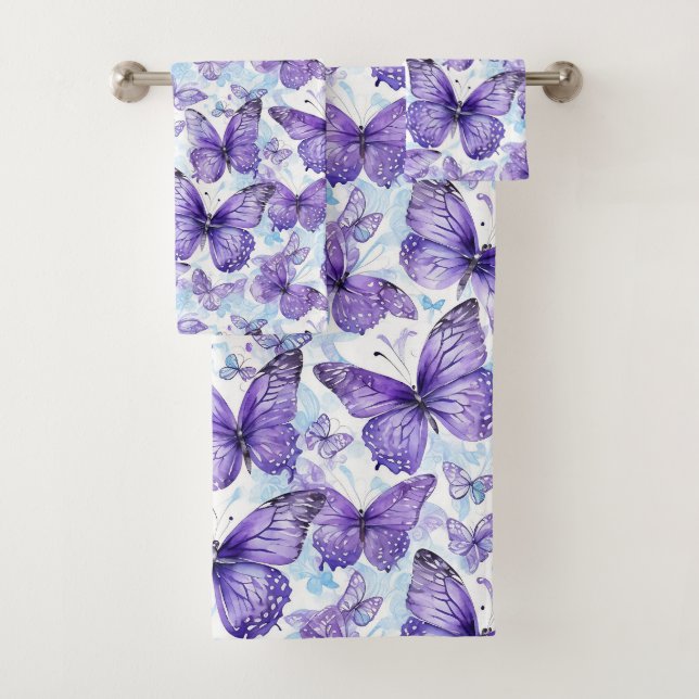 Lavender Purple Butterfly Pattern Bath Towel Set (Insitu)