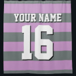 Lavender Purple Charcoal Sports Jersey Stripe Shower Curtain<br><div class="desc">Preppy Striped Team Jersey / Sports Jersey / Football Jersey / Rugby Jersey with Custom Name Customise this with your own name or team name and a number. You can change the size, colour and placement of the text if you need to make changes, change the colour of or remove...</div>
