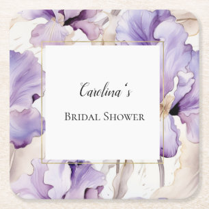 Lavender Purple Cream Iris Flowers Bridal Shower   Square Paper Coaster