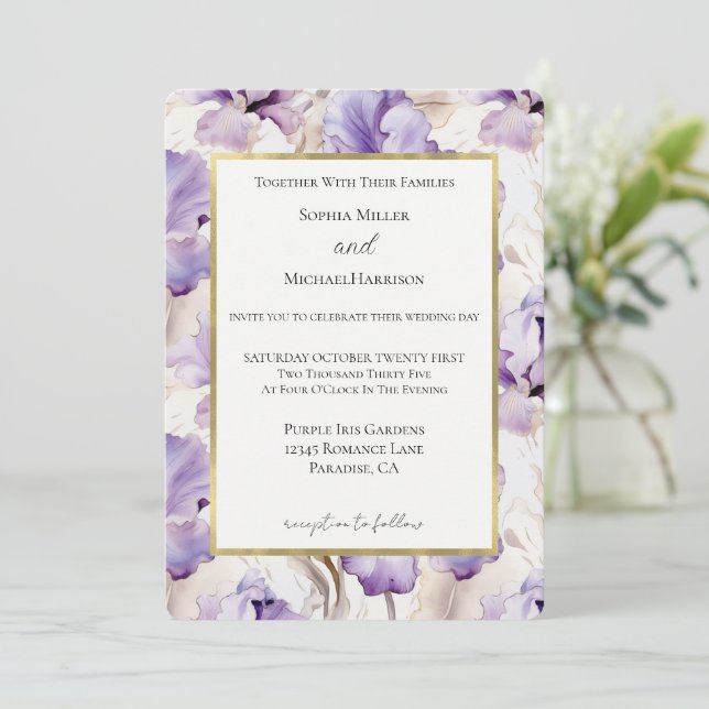 Lavender Purple Cream Iris Flowers Wedding Invitation (Standing Front)