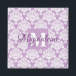 Lavender Purple Damask Monogram with Name Magnet<br><div class="desc">This pretty magnet features a white damask pattern over a lavender or light purple background. The design is personalised with a monogram initial letter as well as a customisable name. This pretty feminine pattern makes it a great gift for any woman or girl.</div>