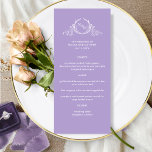 Lavender Purple Elegant Monogram Wedding Menu<br><div class="desc">Delight your guests with this beautiful wedding menu, featuring an elegant hand-drawn botanical monogram with the initials of the couple in white over an attractive lavender-purple background colour. Easy to fill in the template with your details and menu and order your prints! Ability to change the lavender-purple "background-colour" to another...</div>