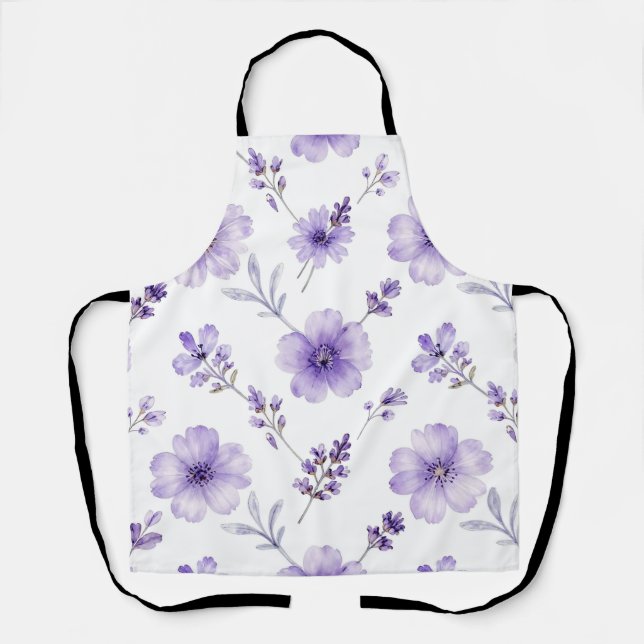 Lavender Purple Flax Flower Watercolor Pattern Apron (Front)