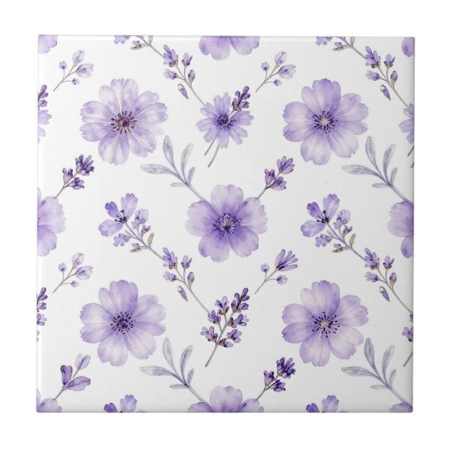 Lavender Purple Flax Flower Watercolor Pattern Tile (Front)