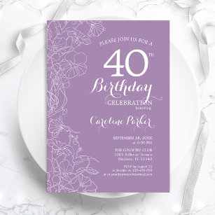 Lavender Purple Floral 40th Birthday Party Invitation