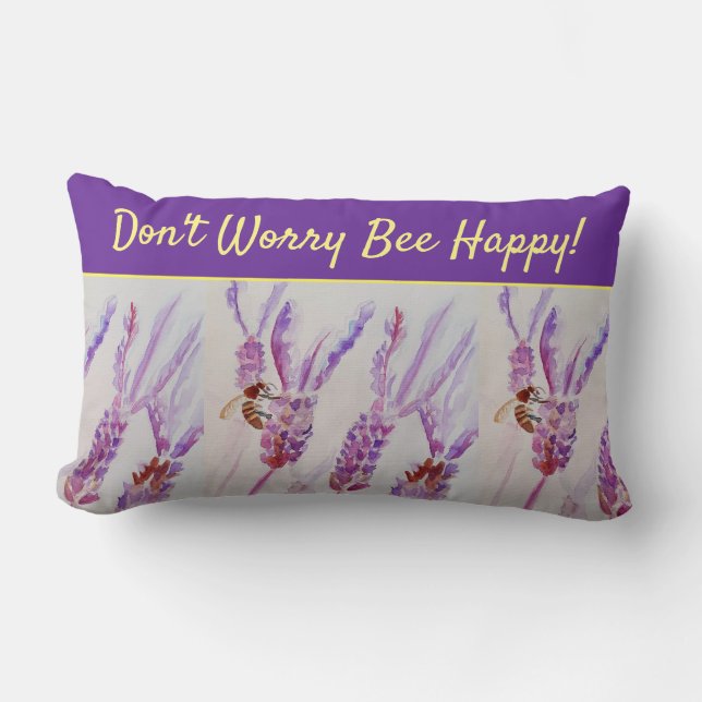 Lavender Purple Floral Art Don't Worry Bee Happy C Lumbar Cushion (Front)
