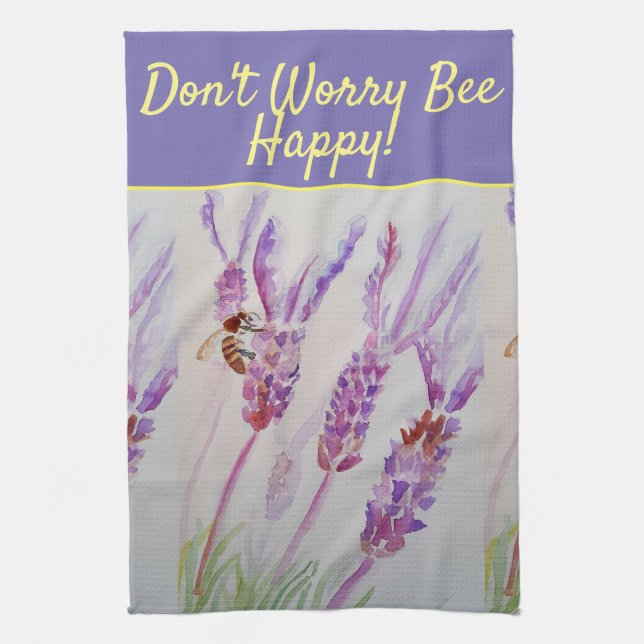 Lavender Purple Floral Art Don't Worry Bee Happy Tea Towel (Vertical)