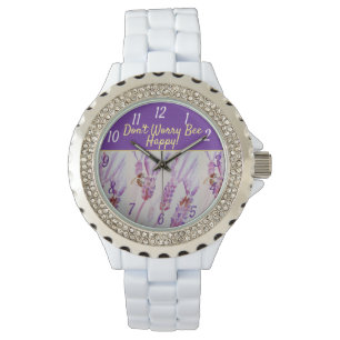 Lavender Purple Floral Art Don't Worry Bee Happy   Watch