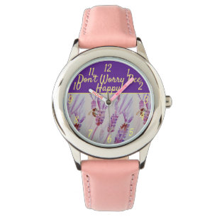 Lavender Purple Floral Art Don't Worry Bee Happy Watch