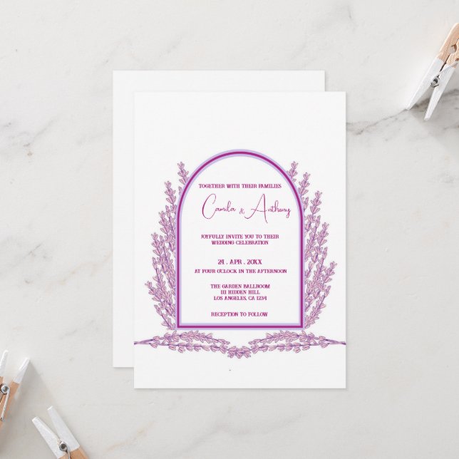Lavender Purple Floral Boho Wedding Invitation (Front/Back In Situ)