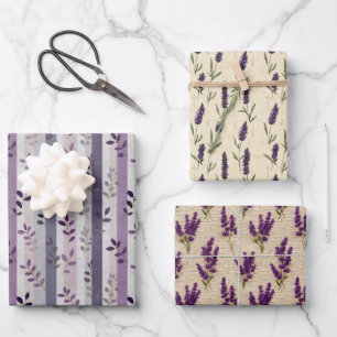 Lavender Purple Floral Botanical Stripes Birthday Wrapping Paper Sheet