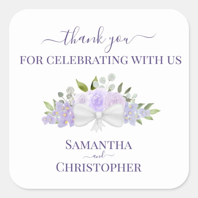 Lavender Purple Floral Bouquet Wedding Thank You Square Sticker (Front)