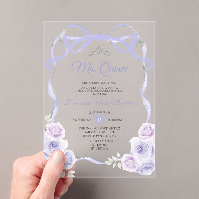 Lavender Purple Floral Bow Frame Silver Mis Quince Acrylic Invitations (Insitu (Handheld))