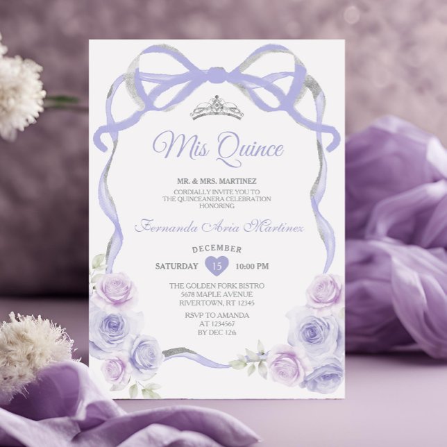 Lavender Purple Floral Bow Frame Silver Mis Quince Invitation (Creator Uploaded)