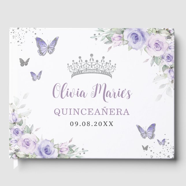 Lavender Purple Floral Butterflies Quinceañera Guest Book (Front)