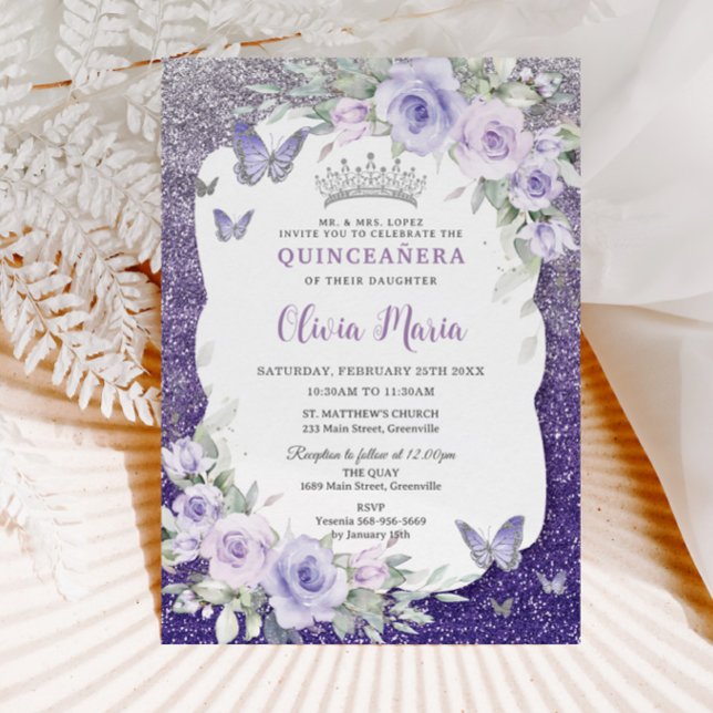 Lavender Purple Floral Butterflies Quinceañera Invitation (Creator Uploaded)