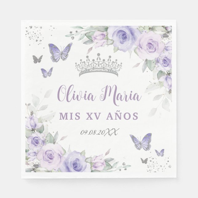 Lavender Purple Floral Butterflies Quinceañera Napkin (Front)