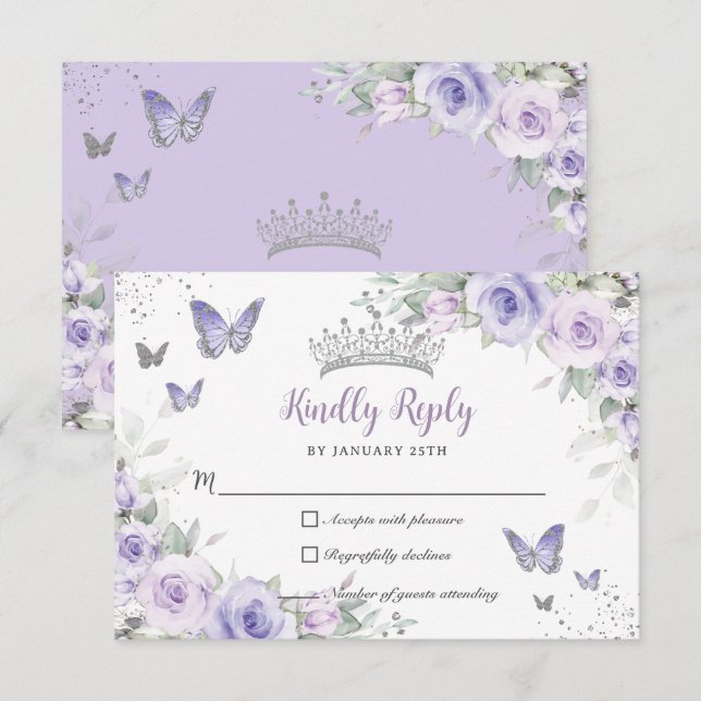 Lavender Purple Floral Butterflies Quinceañera RSVP Card (Front/Back)