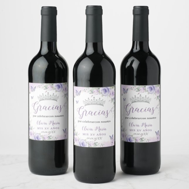 Lavender Purple Floral Butterflies Quinceañera Wine Label (Bottles)