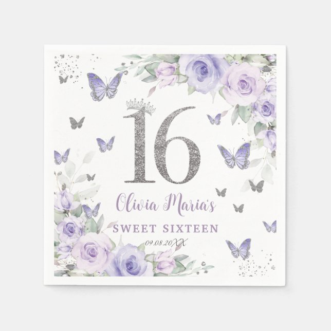 Lavender Purple Floral Butterflies Sweet 16  Napkin (Front)