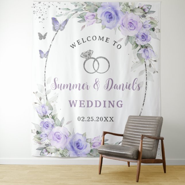 Lavender Purple Floral Butterflies Wedding Bridal  Tapestry (In Situ)