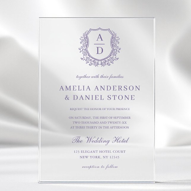 Lavender Purple Floral Crest Monogram Wedding Acrylic Invitations (Creator Uploaded)