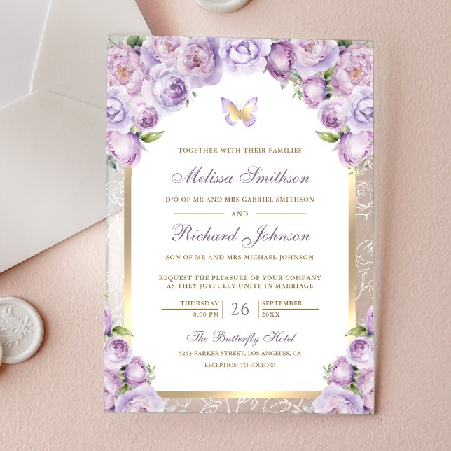 Lavender Purple Floral Gold Arch Butterfly Wedding Acrylic Invitations (Creator Uploaded)