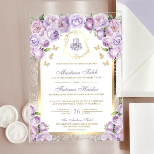 Lavender Purple Floral Gold Arch Muslim Wedding Acrylic Invitations
