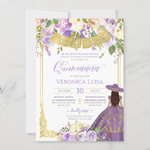 Lavender Purple Floral & Gold Charro Quinceanera Invitation