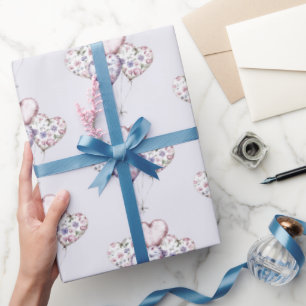 Lavender Purple Floral Heart Balloons Valentine Wrapping Paper