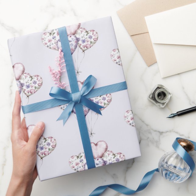 Lavender Purple Floral Heart Balloons Valentine Wrapping Paper (Gifting)