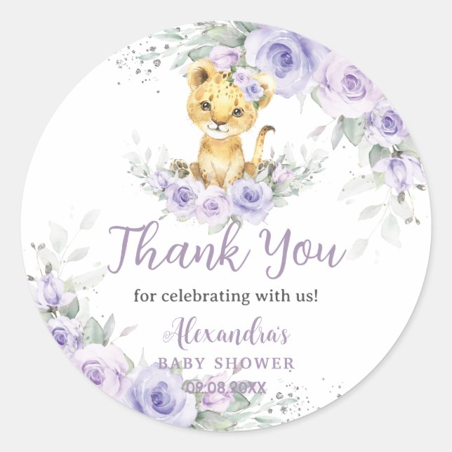 Lavender Purple Floral Lion Cub Baby Shower  Classic Round Sticker (Front)