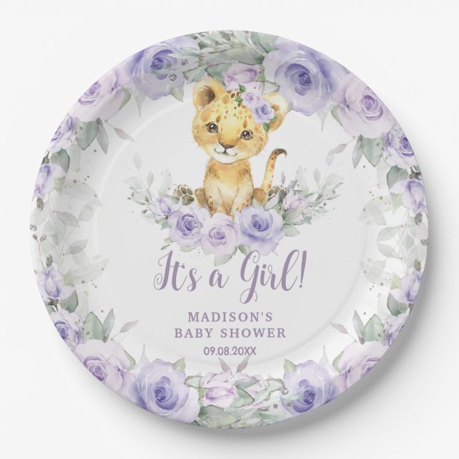Lavender Purple Floral Lion Cub Baby Shower  Paper Plate (Front)