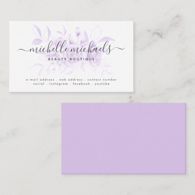 Lavender Purple Floral Minimal Script Modern  Business Card (Front/Back)