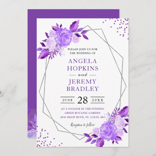 Lavender Purple Floral Modern Silver Frame Wedding Invitation (Front/Back)