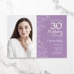 Lavender Purple Floral Photo 30th Birthday Invitation<br><div class="desc">Floral lavender purple 30th birthday party invitation with your photo on the front of the card. Elegant modern design featuring botanical outline drawings accents and typography script font. Simple trendy invite card perfect for a stylish female bday celebration. Can be customised to any age. Printed Zazzle invitations or instant download...</div>