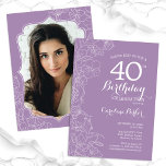 Lavender Purple Floral Photo 40th Birthday Party Invitation<br><div class="desc">Lavender purple floral 40th Birthday party invitation with your photo at the back of the card. Elegant modern design featuring botanical outline drawings accents and typography script font. Simple trendy invite card perfect for a stylish female bday celebration. Can be customised to any age. Printed Zazzle invitations or instant download...</div>