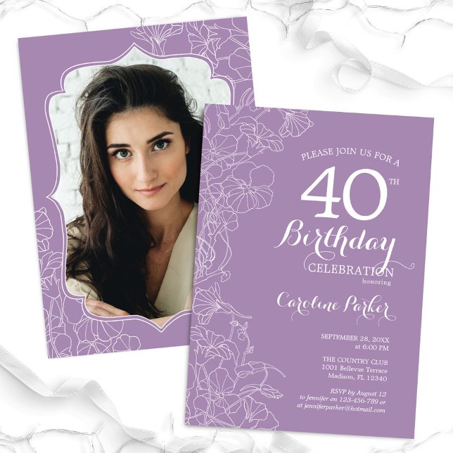 Lavender Purple Floral Photo 40th Birthday Party Invitation (Creator Uploaded)