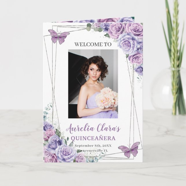 Lavender Purple Floral Quinceanera Events Padrinos Programme (Front)
